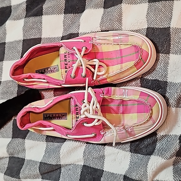 Plaid pink, yellow, silver and green Size 9 Sperry flats. - Picture 1 of 2